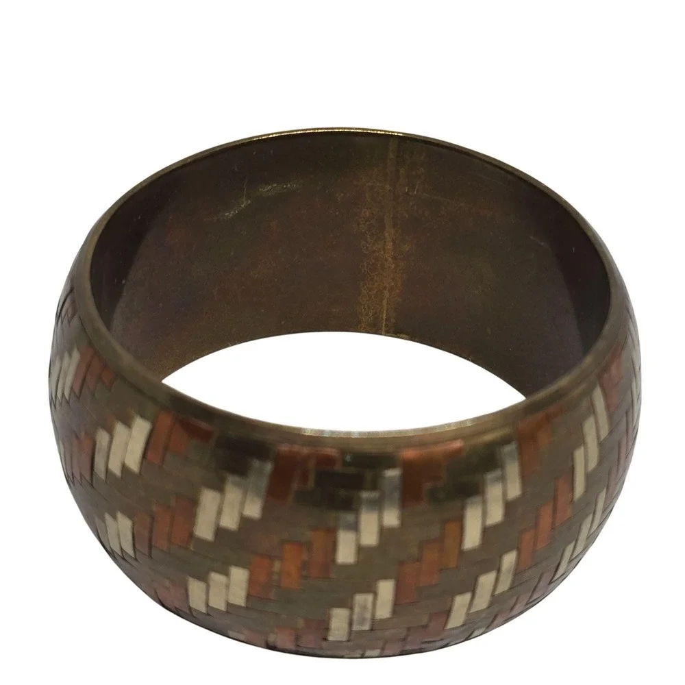 Vtg Mixed Metal Inlay Wide Bangle Bracelet Copper Brass Silver Tone Woven Patern